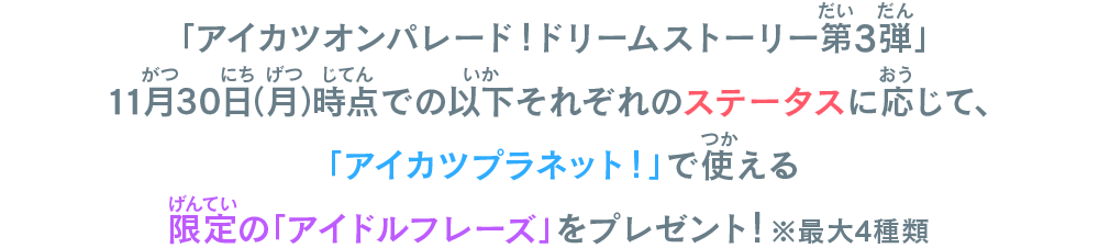 「アイカツオンパレード！ドリームストーリー第３弾」までのマイキャラ育成度に応じたボーナス